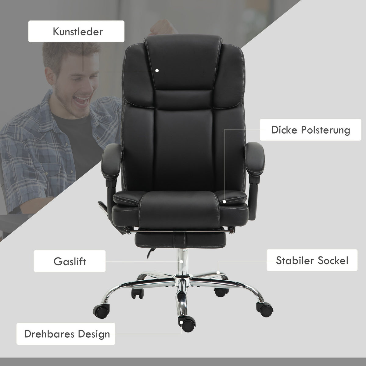 Office chair with vibration massage, ergonomic desk chair with heating, reclining function, height-adjustable executive chair with footrest, side pocket, faux leather, black