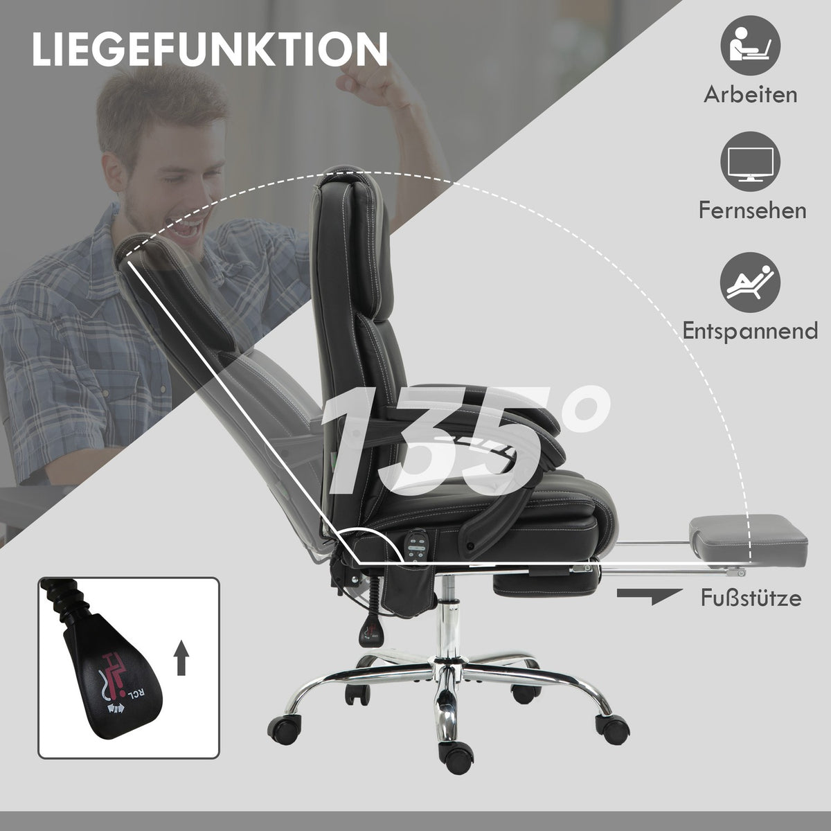 Office chair with vibration massage, ergonomic desk chair with heating, reclining function, height-adjustable executive chair with footrest, side pocket, faux leather, black
