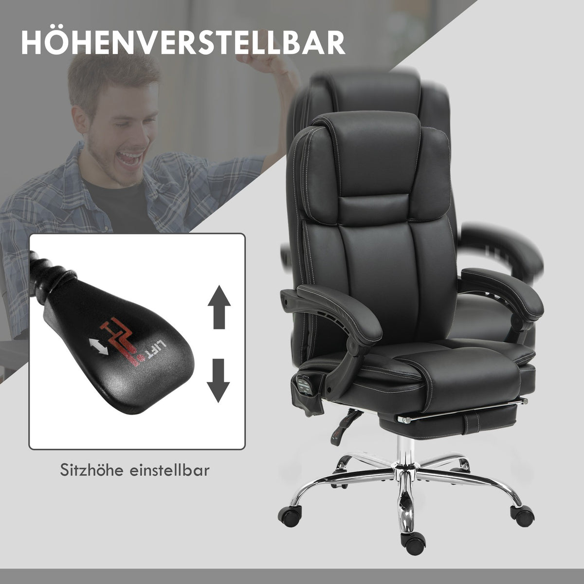 Office chair with vibration massage, ergonomic desk chair with heating, reclining function, height-adjustable executive chair with footrest, side pocket, faux leather, black