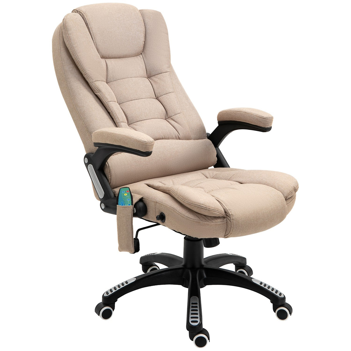 Office chair with vibration massage, ergonomic desk chair with heating, reclining function, height-adjustable executive chair with remote control, side pocket, linen look, brown