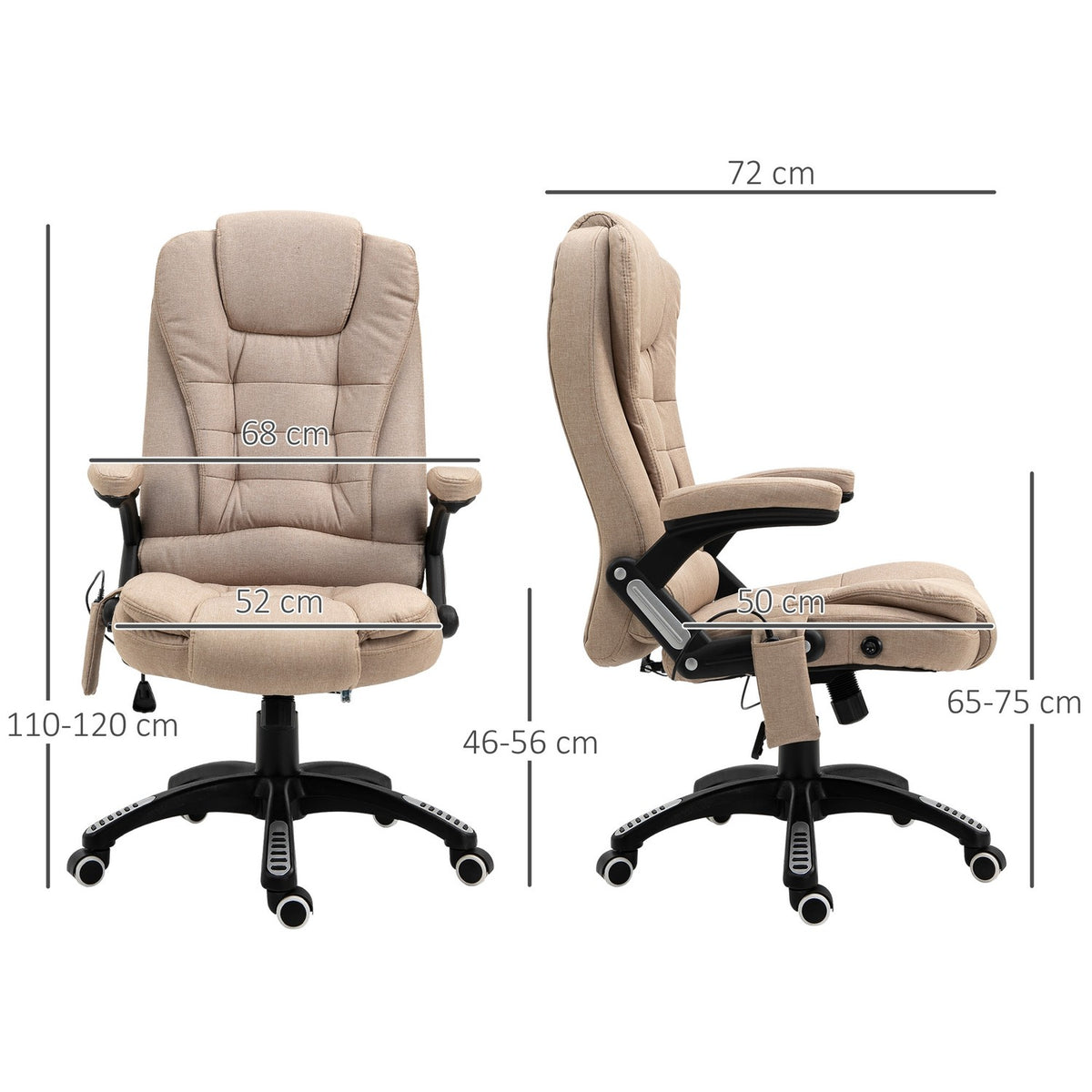 Office chair with vibration massage, ergonomic desk chair with heating, reclining function, height-adjustable executive chair with remote control, side pocket, linen look, brown