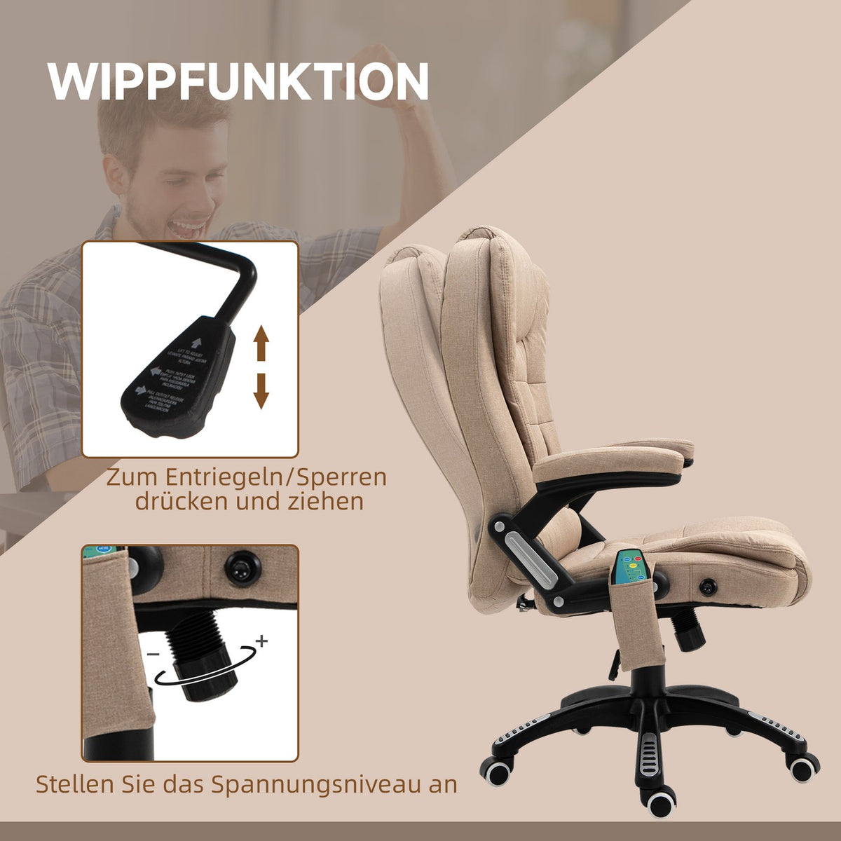 Office chair with vibration massage, ergonomic desk chair with heating, reclining function, height-adjustable executive chair with remote control, side pocket, linen look, brown