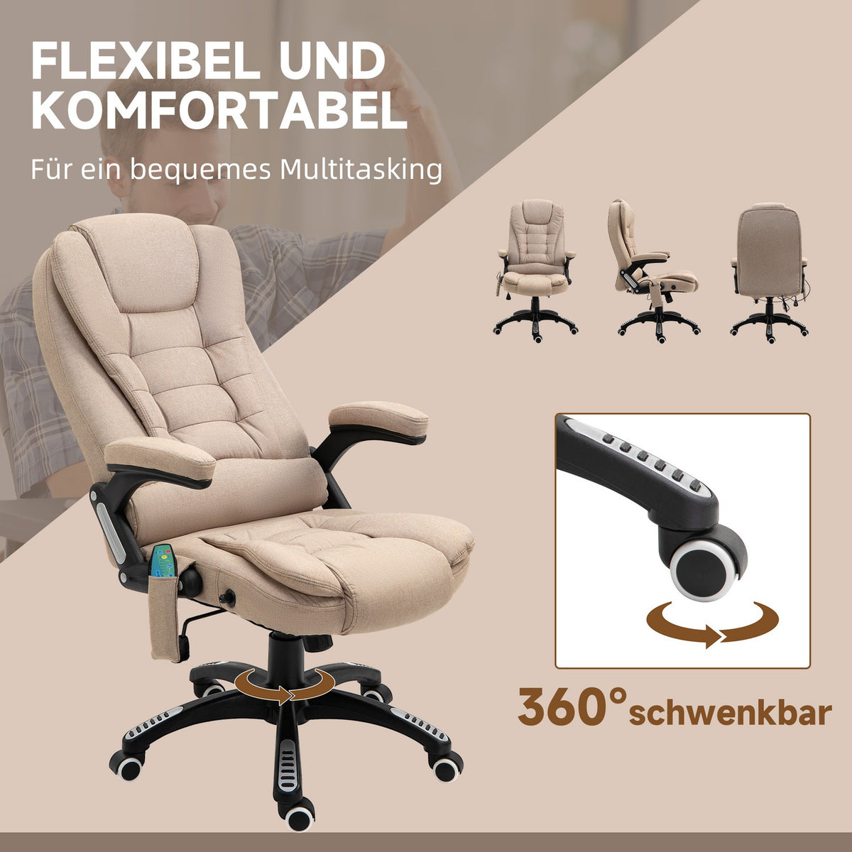Office chair with vibration massage, ergonomic desk chair with heating, reclining function, height-adjustable executive chair with remote control, side pocket, linen look, brown