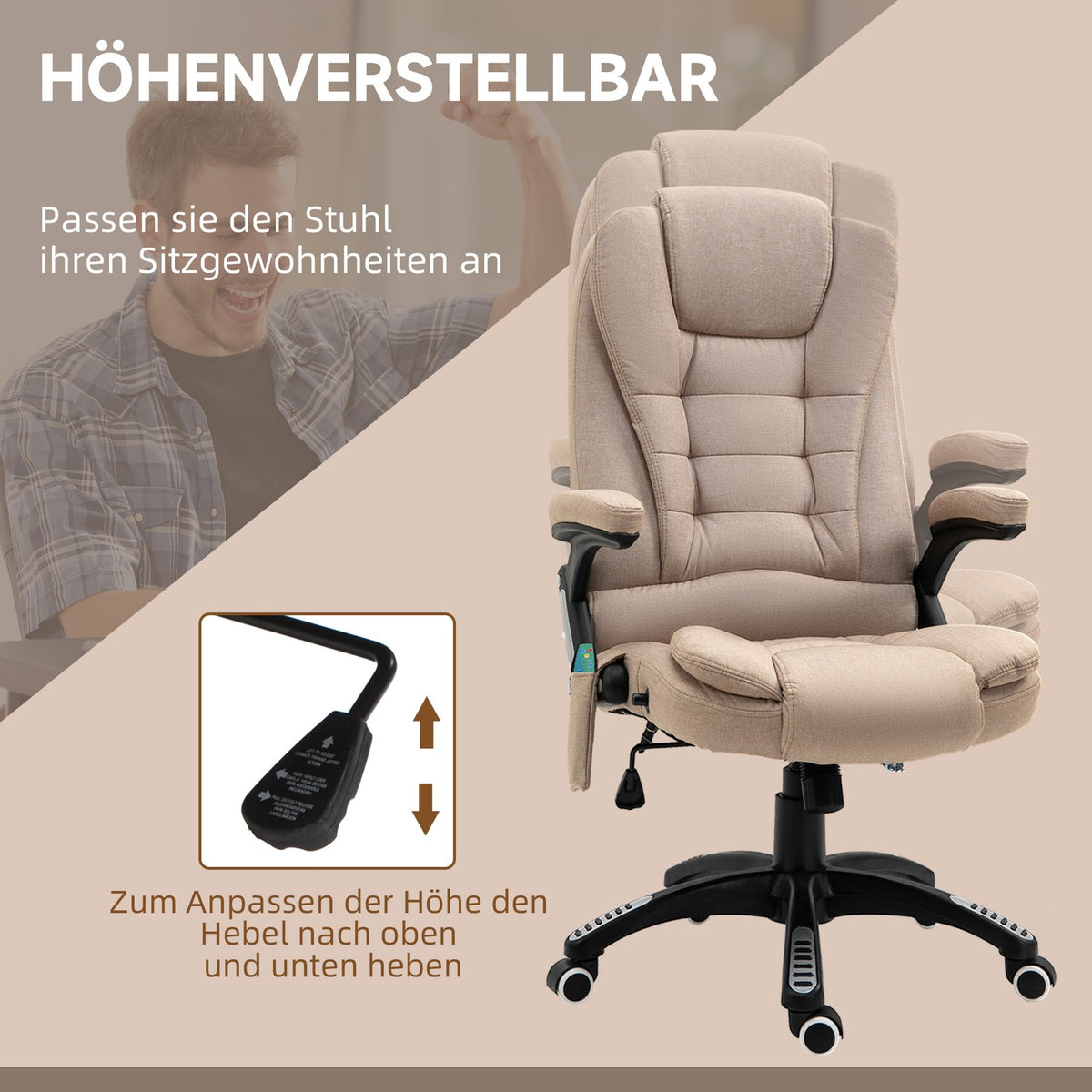 Office chair with vibration massage, ergonomic desk chair with heating, reclining function, height-adjustable executive chair with remote control, side pocket, linen look, brown