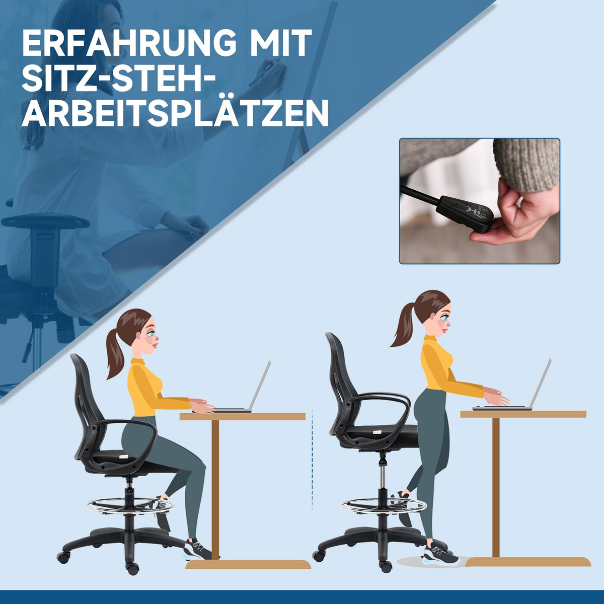 Office standing chair, ergonomic office chair, height adjustable, drawing chair, up to 120kg, black