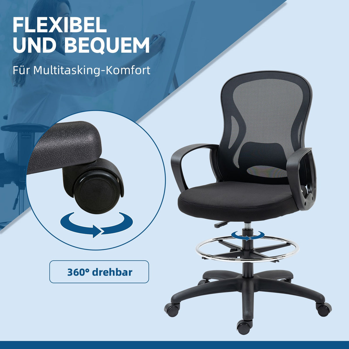 Office standing chair, ergonomic office chair, height adjustable, drawing chair, up to 120kg, black