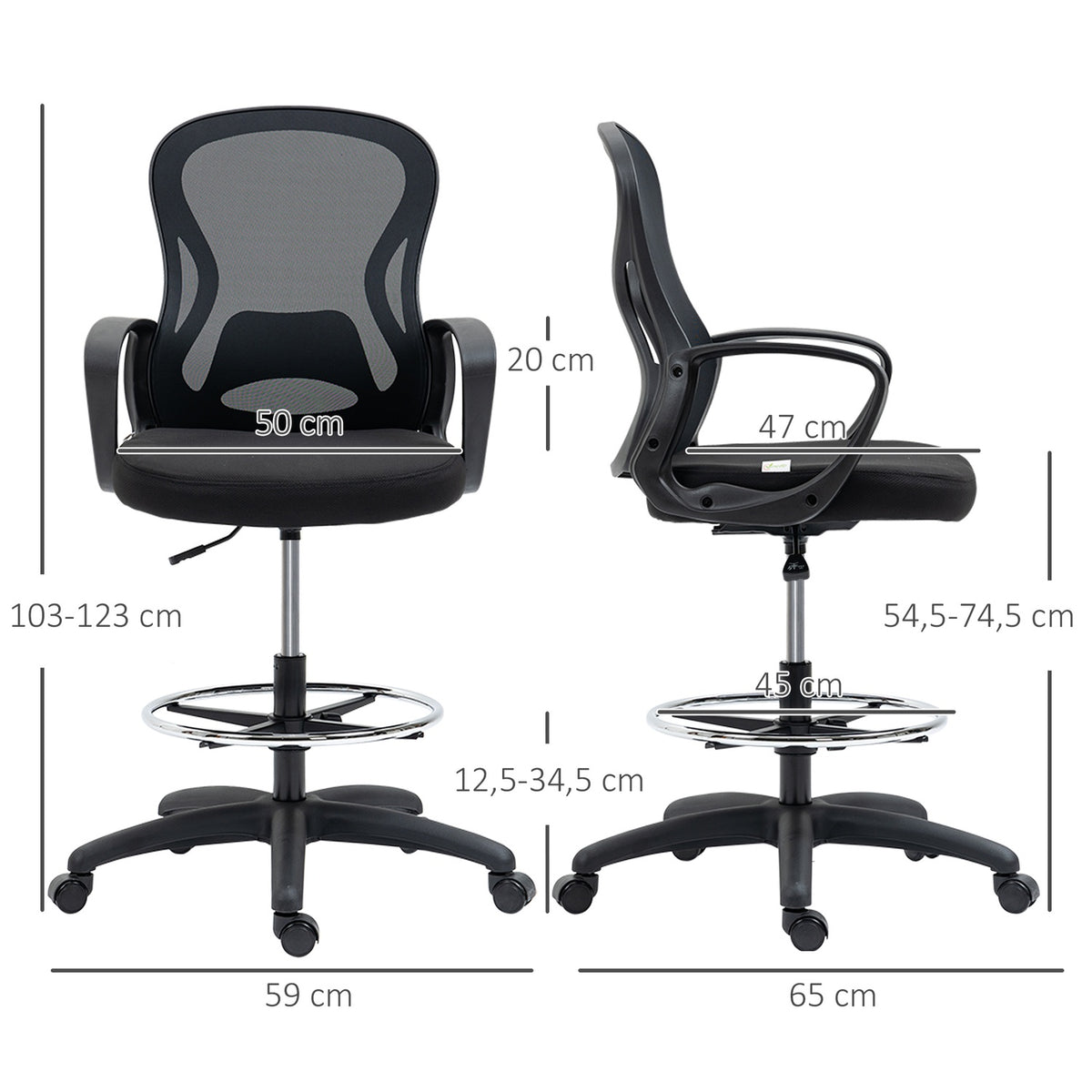 Office standing chair, ergonomic office chair, height adjustable, drawing chair, up to 120kg, black