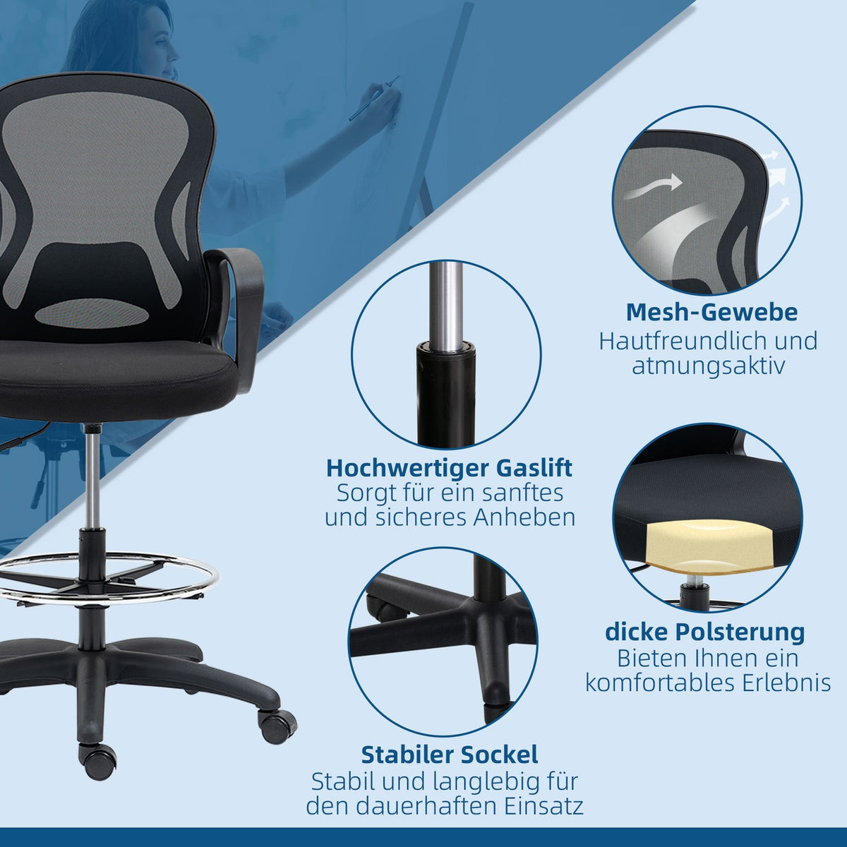 Office standing chair, ergonomic office chair, height adjustable, drawing chair, up to 120kg, black