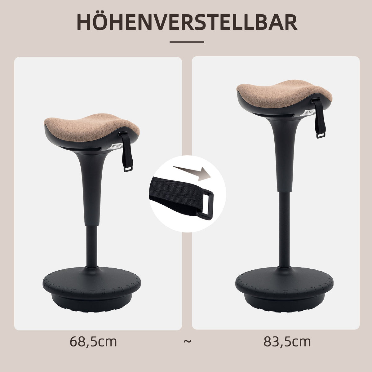 Office stool with swivel function, ergonomic work stool, height adjustable 68.5-83.5 cm stool, 360° rotating standing stool, for office and study, brown