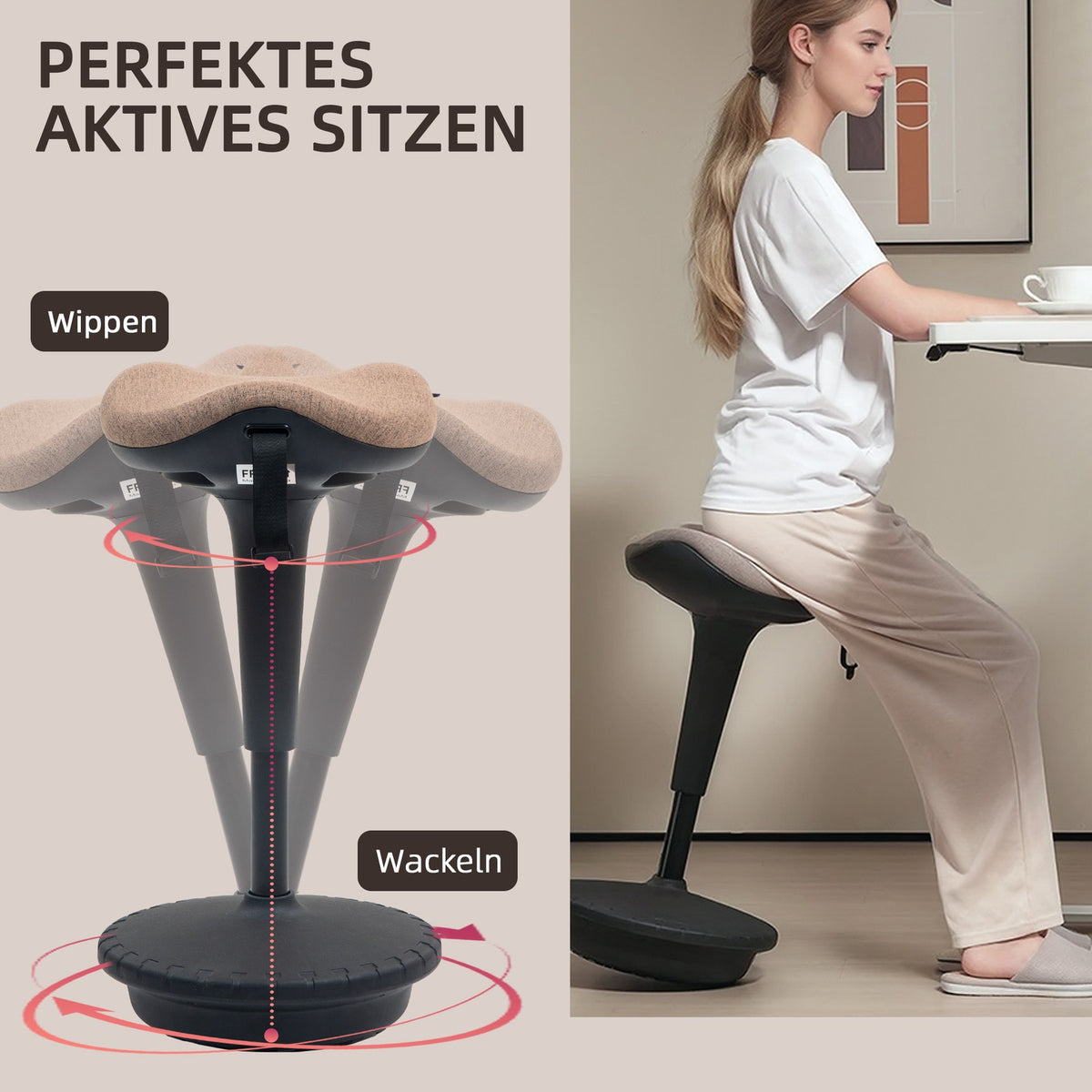 Office stool with swivel function, ergonomic work stool, height adjustable 68.5-83.5 cm stool, 360° rotating standing stool, for office and study, brown