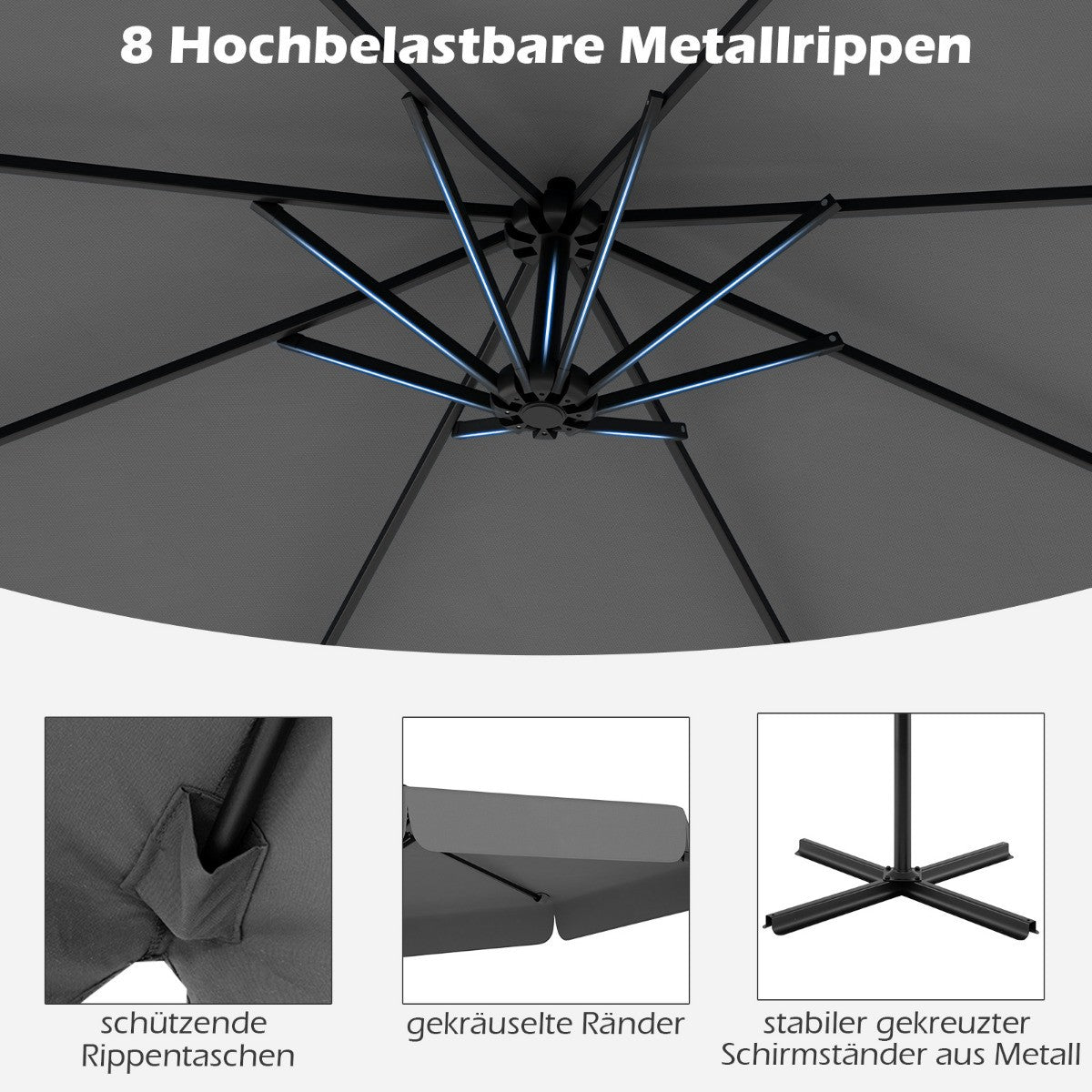Offset Patio Umbrella 305 cm with Cover and Crank, Grey