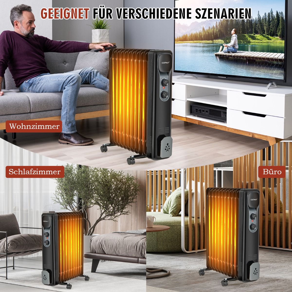 Oil-Filled Radiator Heater 2500W, 3 Heat Settings, Black