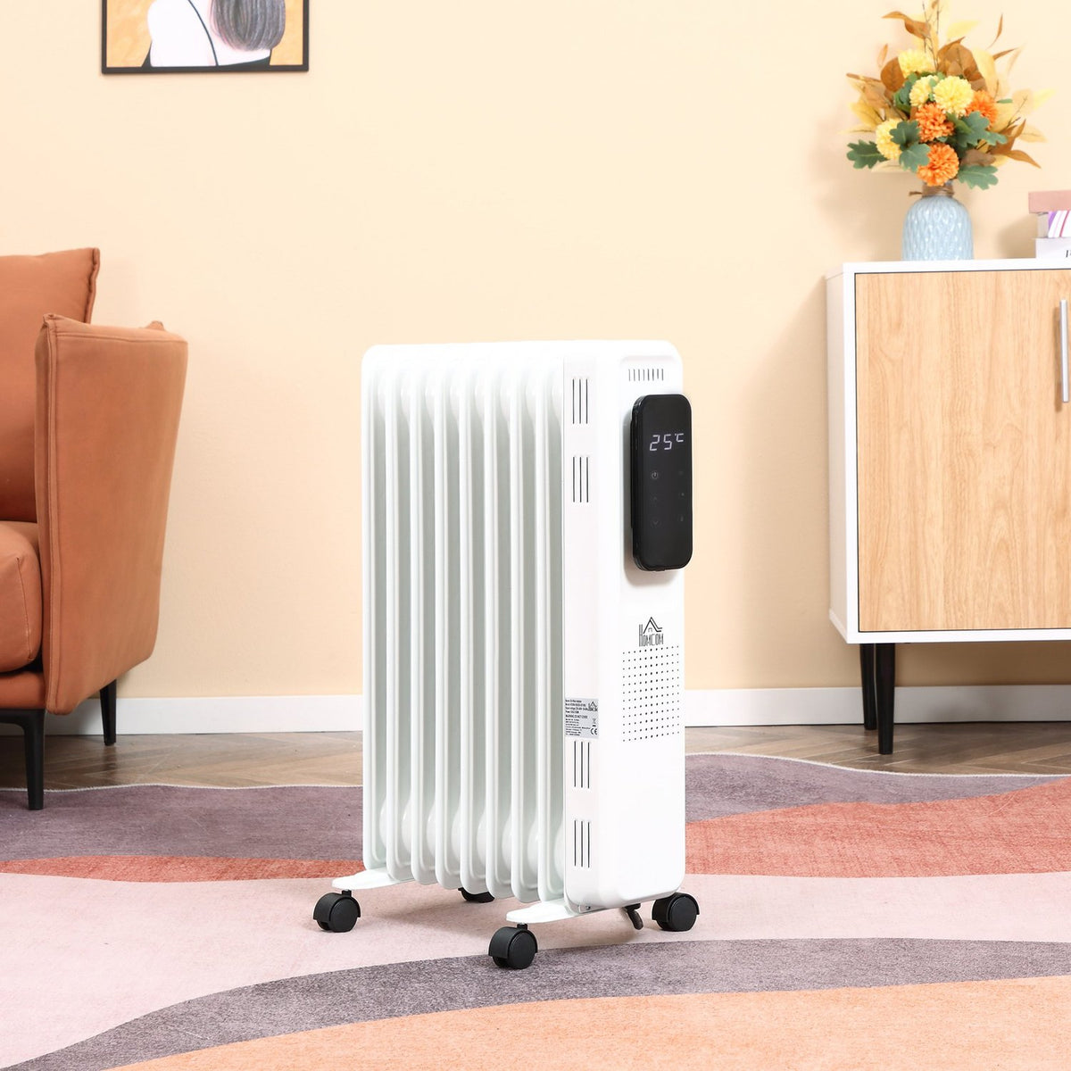 Oil Radiator Portable Electric Radiator 1830-2180W 3 Heating Levels 24-Hour Timing 9 Heating Plates With 4 Wheels White Steel 42.5 X 24 X 63 Cm