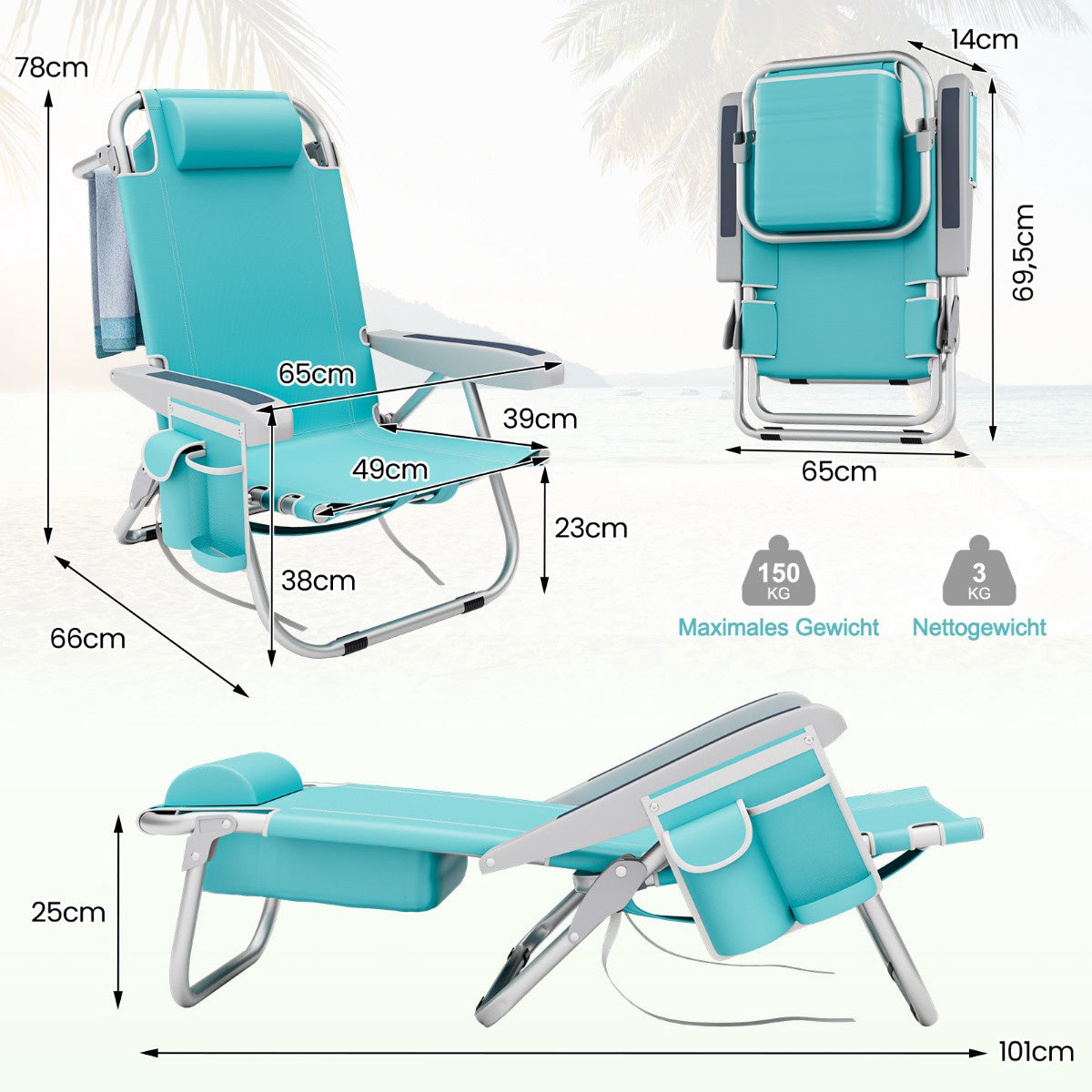 One Folding Beach Chair with Adjustable Backrest, Blue