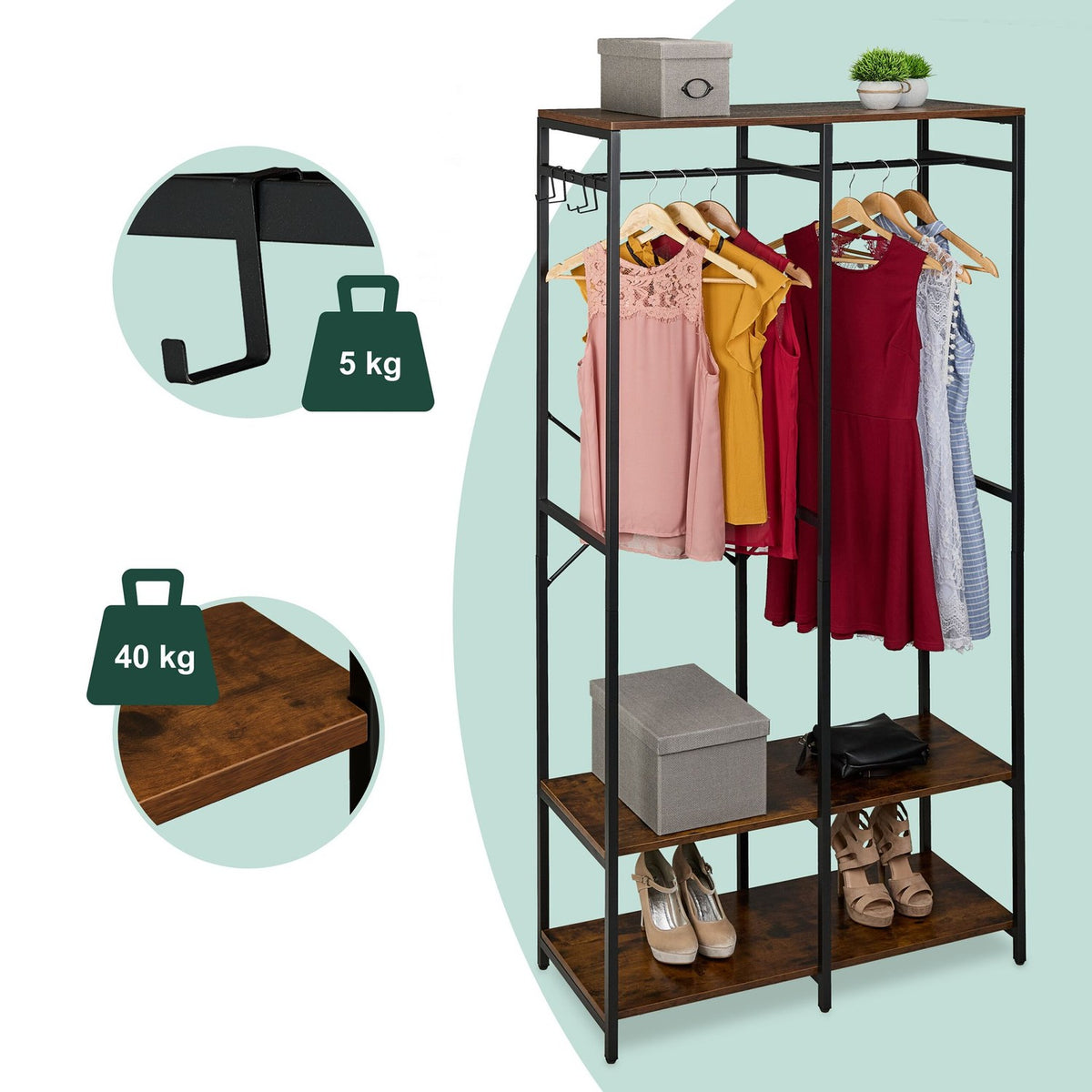 Open Wardrobe with Rails & Shelves – Iron Frame, Wood Panels