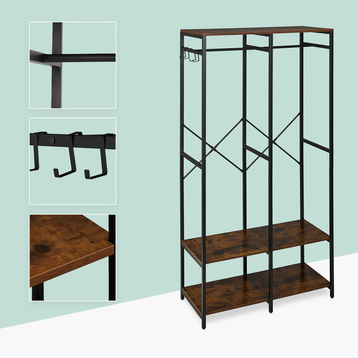 Open Wardrobe with Rails & Shelves – Iron Frame, Wood Panels