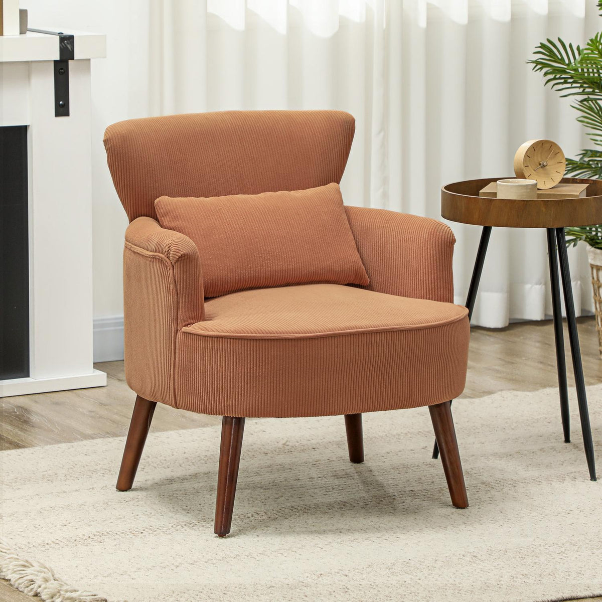 Orange Corduroy Armchair – High-Density Foam, Wood Frame