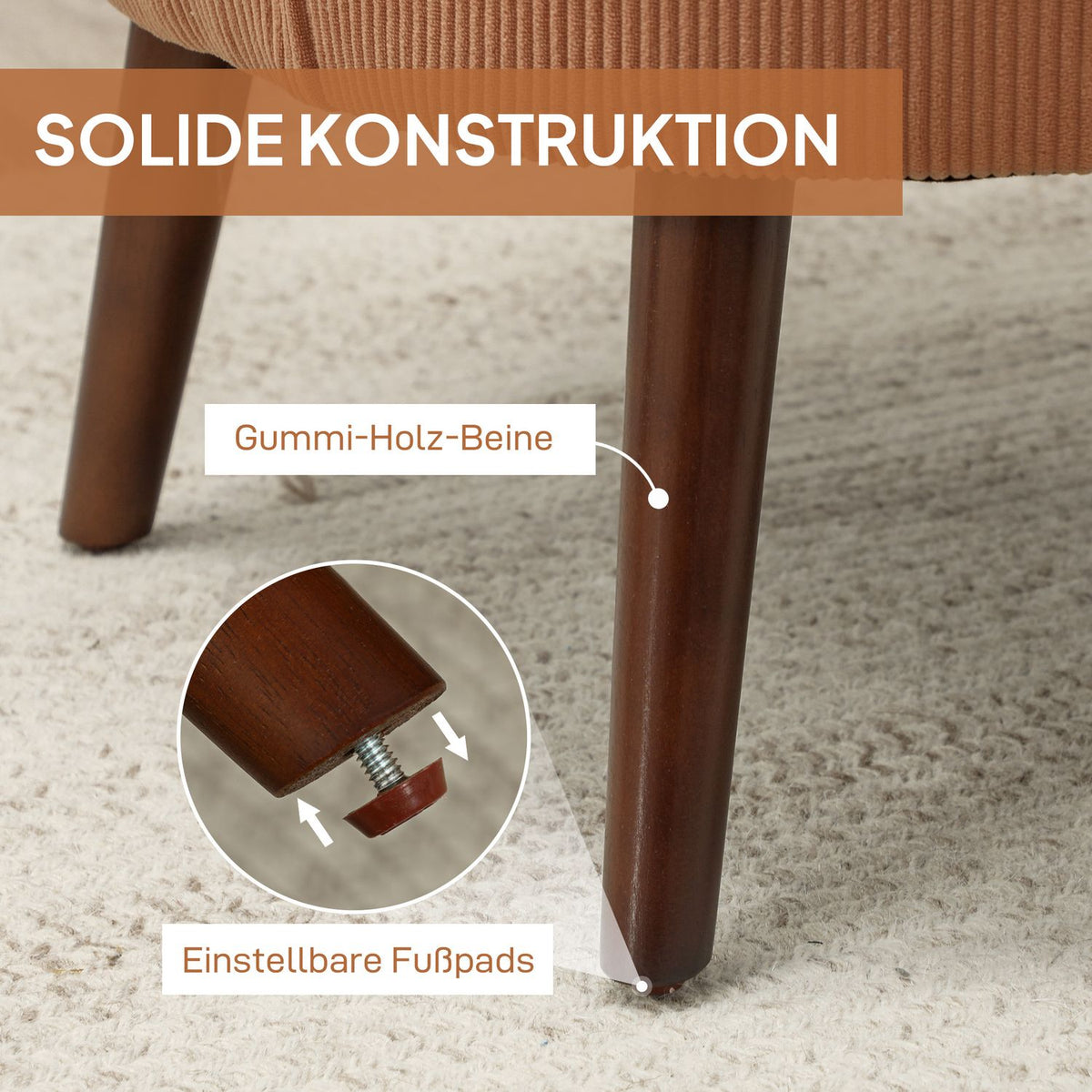 Orange Corduroy Armchair – High-Density Foam, Wood Frame