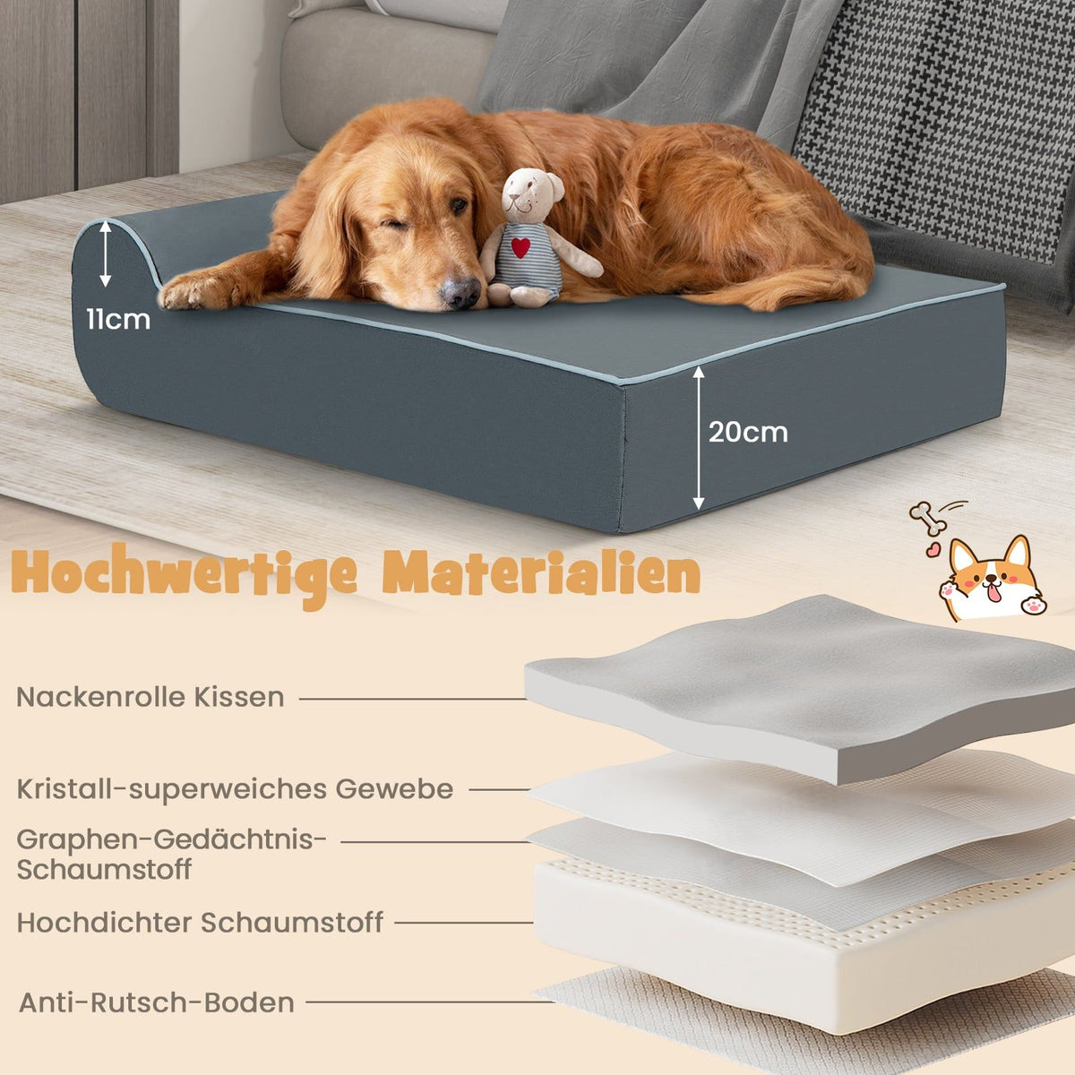 Orthopedic Dog Bed for Large Dogs, Memory Foam, Gray
