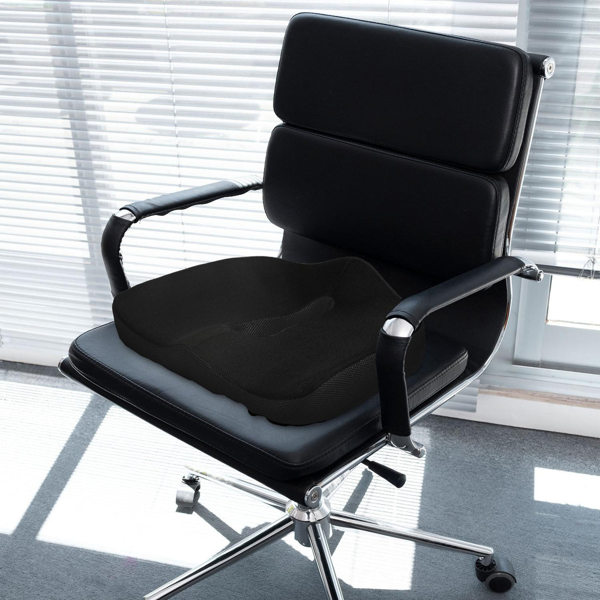 Orthopedic seat cushion, ergonomic seat cushion for office chair, car etc., coccyx cushion made of memory foam for coccyx, sciatica, hemorrhoids, back pain relief, black