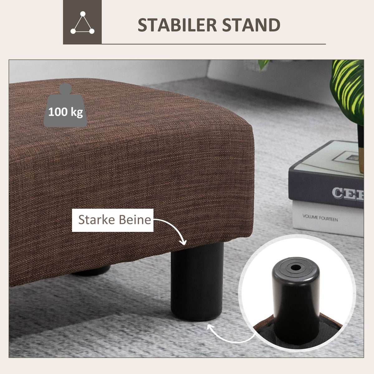 Ottoman Footstool Rectangular Footrest Made Of Linen, Upholstered Stool Holds Up To 100 Kg, For Living Room, Hallway, Brown, 40 X 30 X 24 Cm