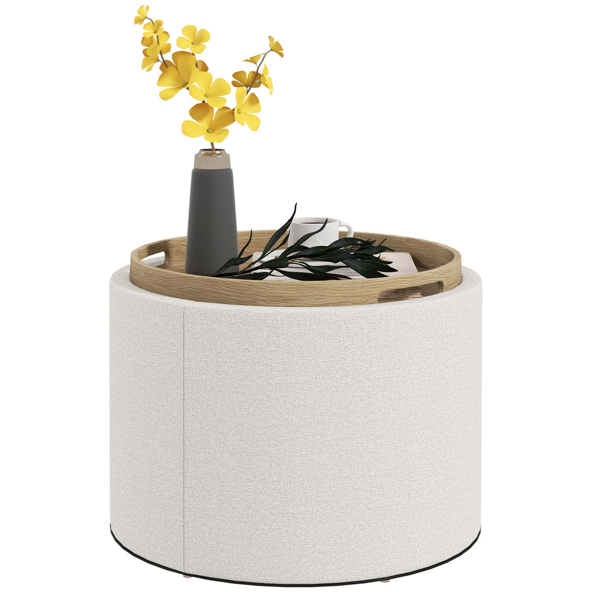 Ottoman Round Stool With Storage Space, Folding Lid, In Linen Look For Living Room, Bedroom, Cream, Ø56 X 42 Cm