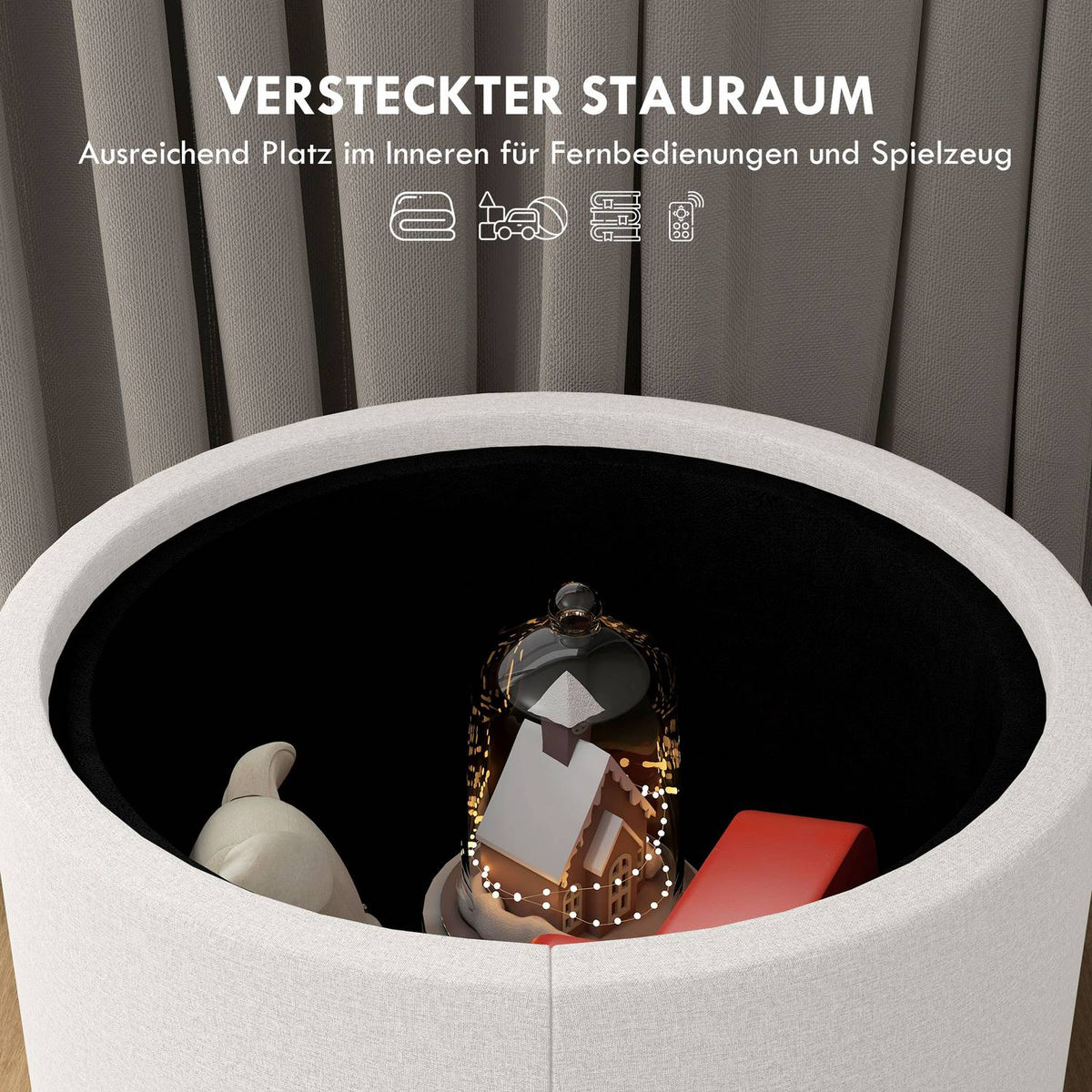 Ottoman Round Stool With Storage Space, Folding Lid, In Linen Look For Living Room, Bedroom, Cream, Ø56 X 42 Cm
