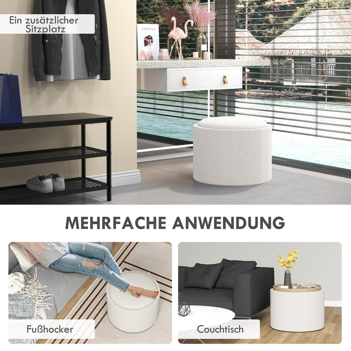 Ottoman Round Stool With Storage Space, Folding Lid, In Linen Look For Living Room, Bedroom, Cream, Ø56 X 42 Cm