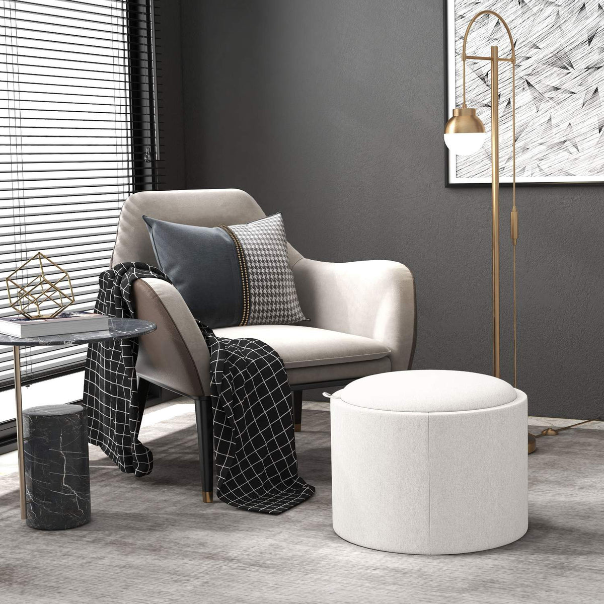 Ottoman Round Stool With Storage Space, Folding Lid, In Linen Look For Living Room, Bedroom, Cream, Ø56 X 42 Cm