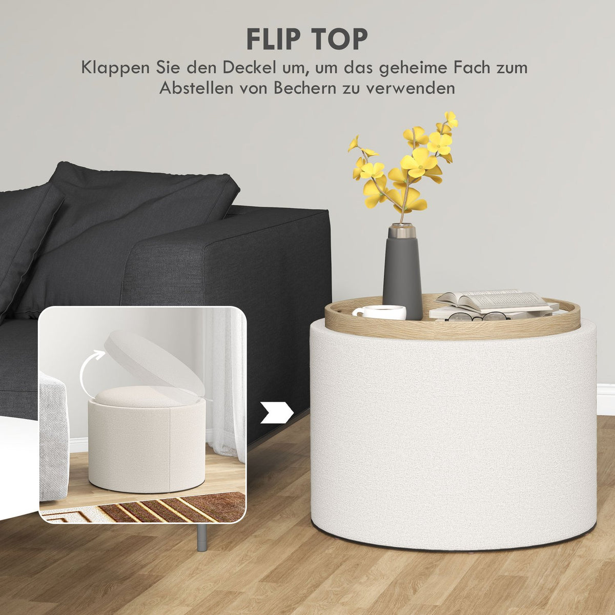 Ottoman Round Stool With Storage Space, Folding Lid, In Linen Look For Living Room, Bedroom, Cream, Ø56 X 42 Cm