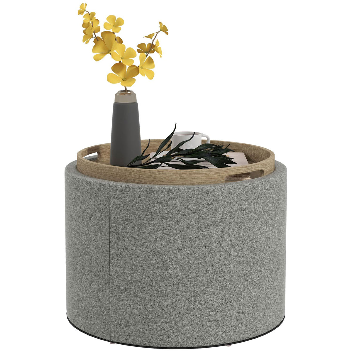 Ottoman Round Stool With Storage Space, Folding Lid, In Linen Look For Living Room, Bedroom, Gray, Ø56 X 42 Cm
