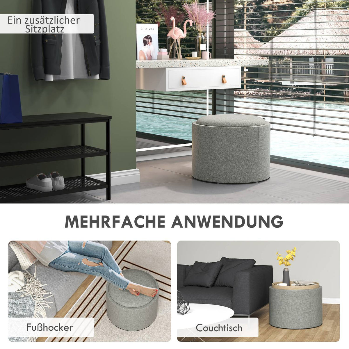 Ottoman Round Stool With Storage Space, Folding Lid, In Linen Look For Living Room, Bedroom, Gray, Ø56 X 42 Cm