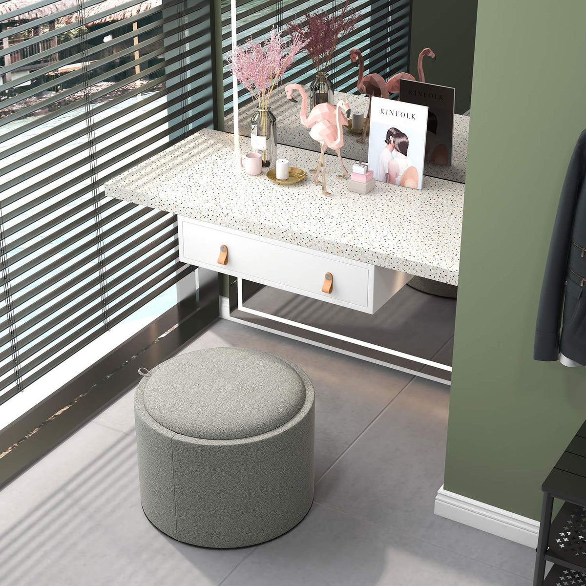 Ottoman Round Stool With Storage Space, Folding Lid, In Linen Look For Living Room, Bedroom, Gray, Ø56 X 42 Cm