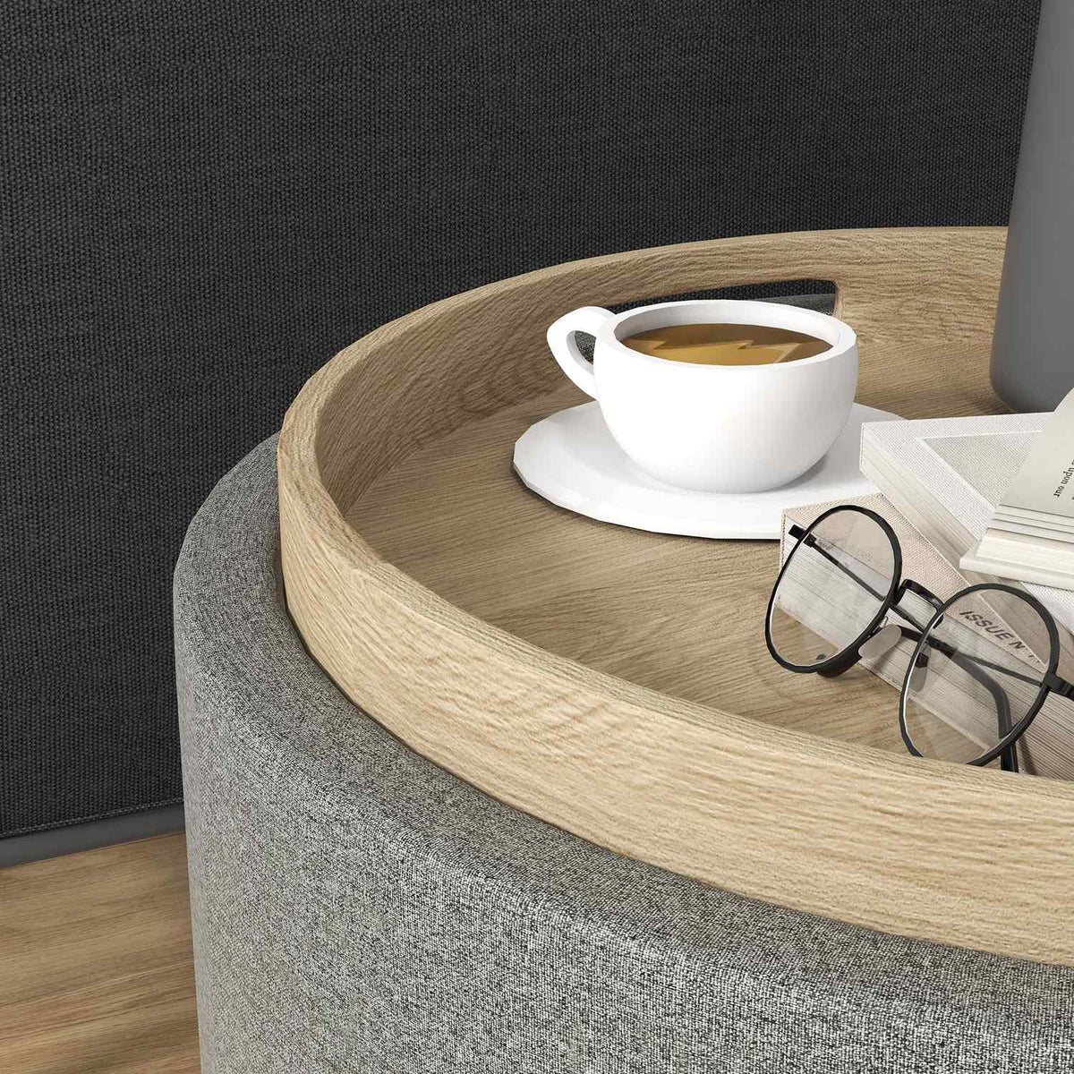 Ottoman Round Stool With Storage Space, Folding Lid, In Linen Look For Living Room, Bedroom, Gray, Ø56 X 42 Cm