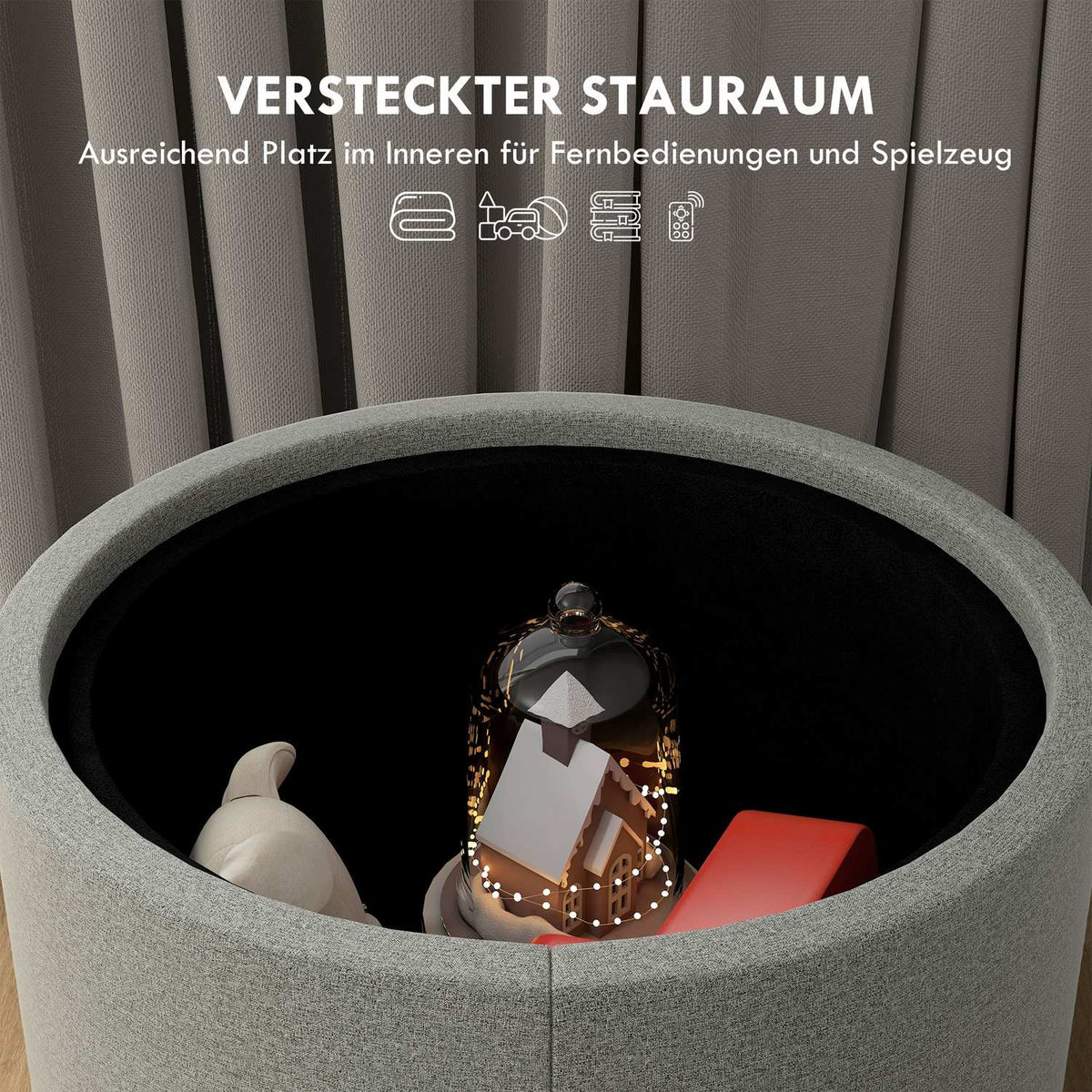 Ottoman Round Stool With Storage Space, Folding Lid, In Linen Look For Living Room, Bedroom, Gray, Ø56 X 42 Cm
