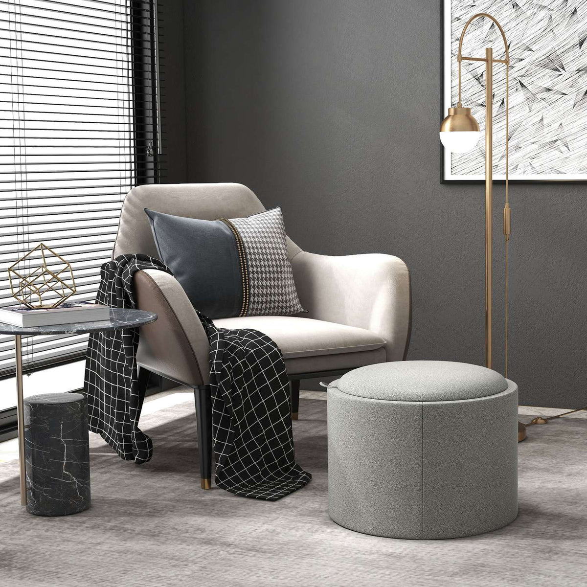 Ottoman Round Stool With Storage Space, Folding Lid, In Linen Look For Living Room, Bedroom, Gray, Ø56 X 42 Cm