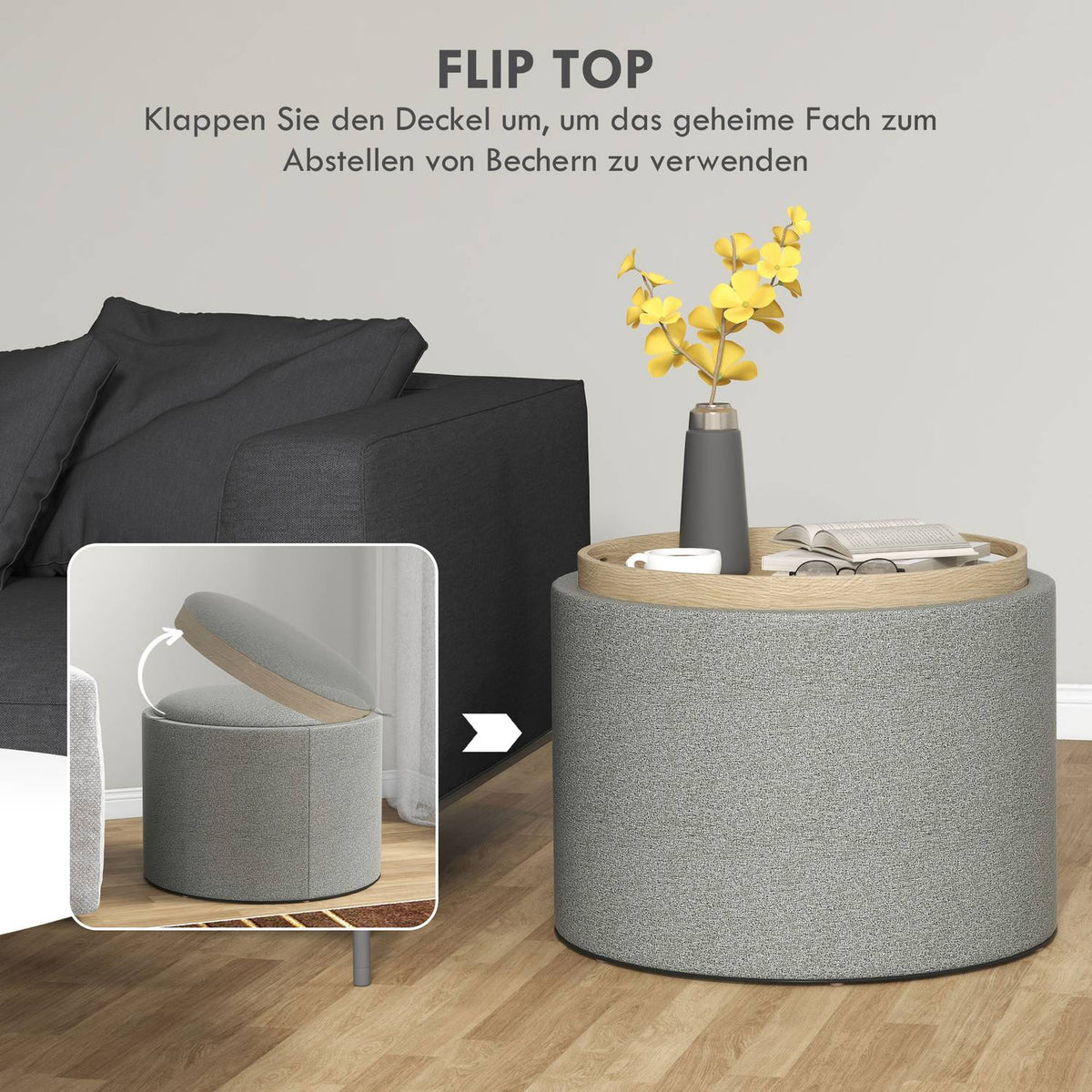 Ottoman Round Stool With Storage Space, Folding Lid, In Linen Look For Living Room, Bedroom, Gray, Ø56 X 42 Cm