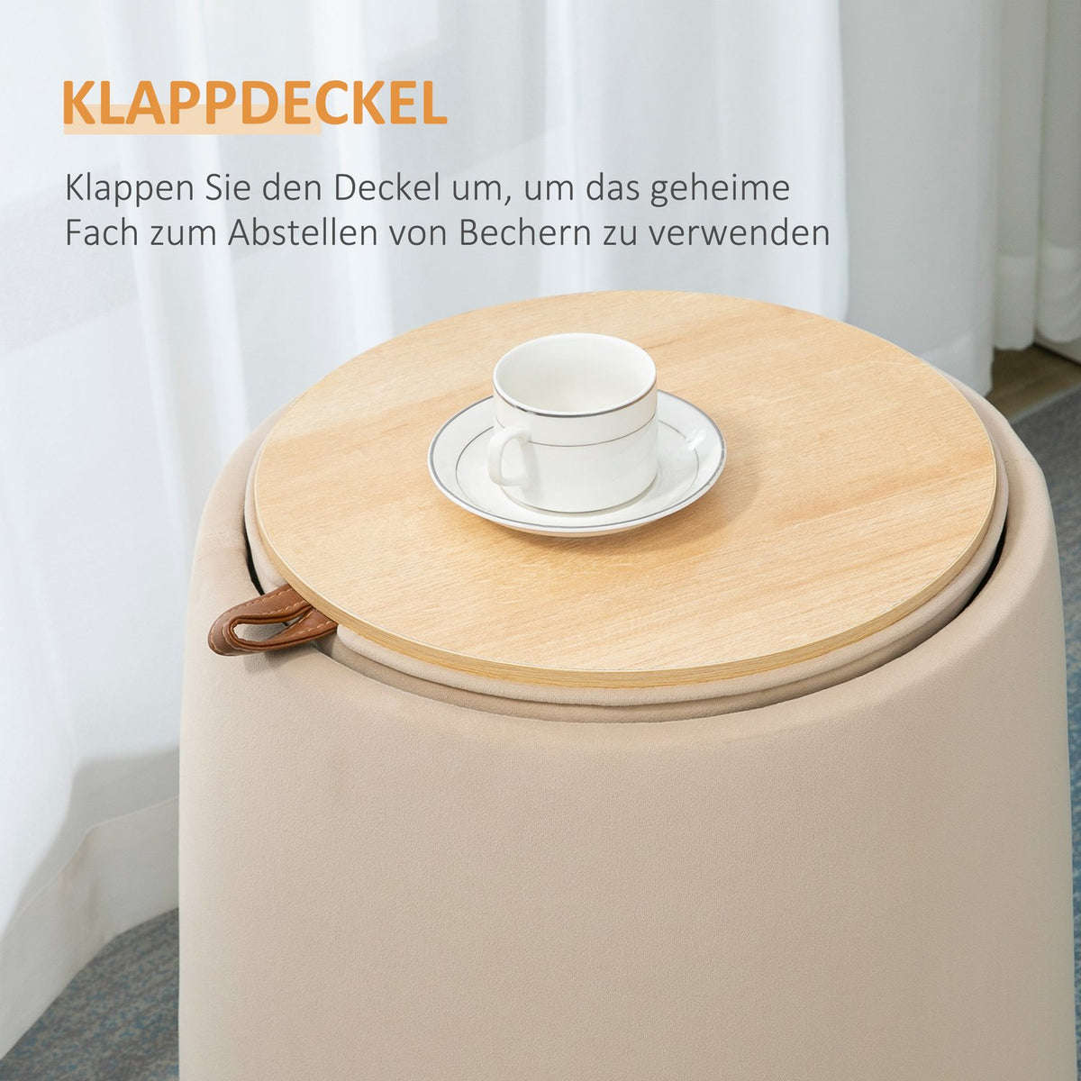Ottoman Round Stool With Storage Space In Velvet Look, Beige, Removable Lid, Ø44Cmx47.5Cm, As A Side Table