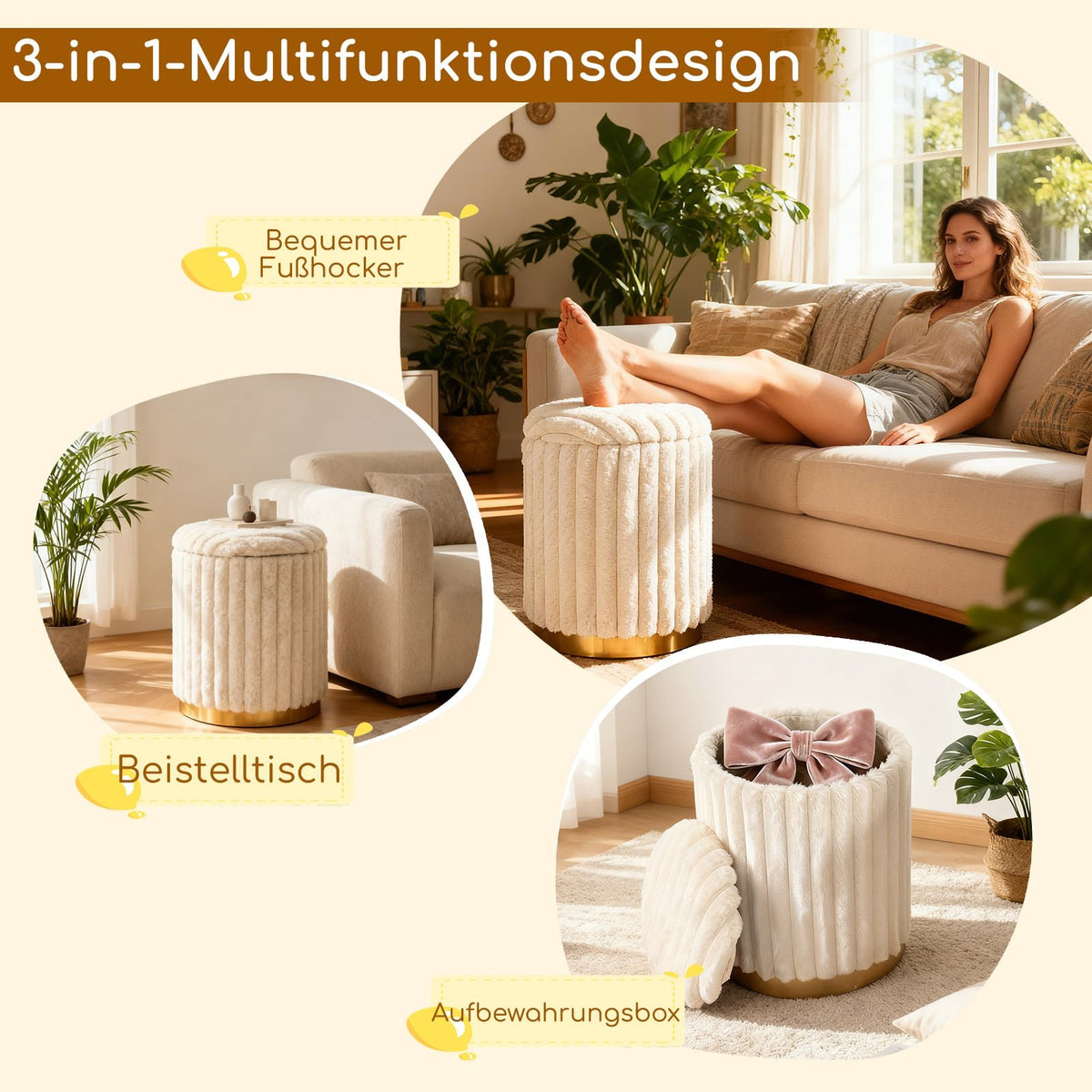 Ottoman Set with Storage, Faux Fur, Beige, 2-Piece