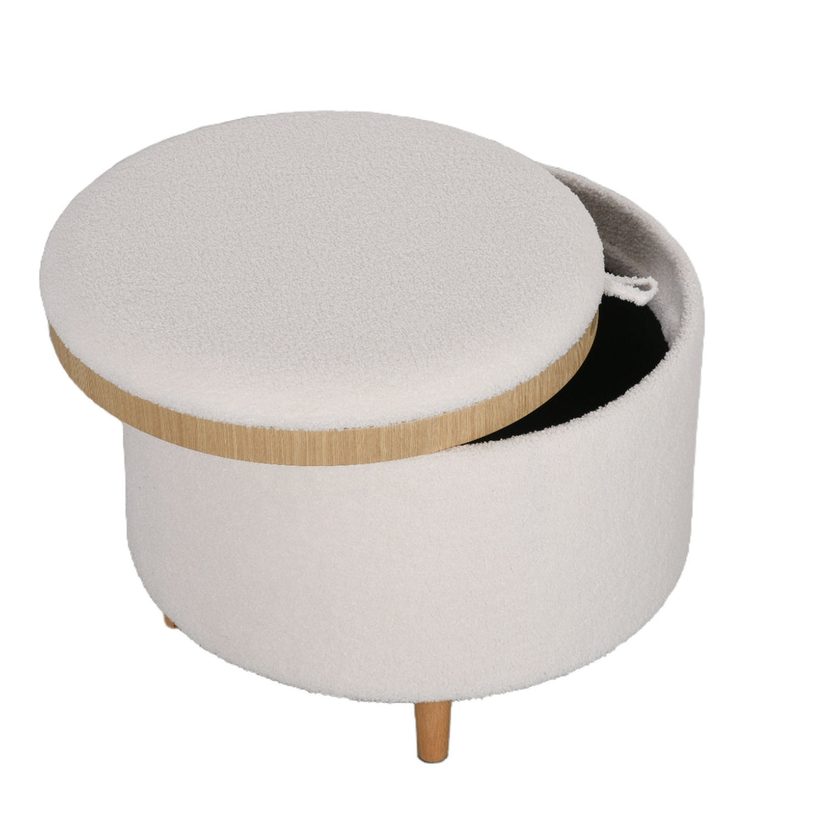 Ottoman Stool With Storage Space, Round Ottoman With Folding Lid, Wooden Legs, Modern, For Living Room, Bedroom, White, Ø56 X 42 Cm