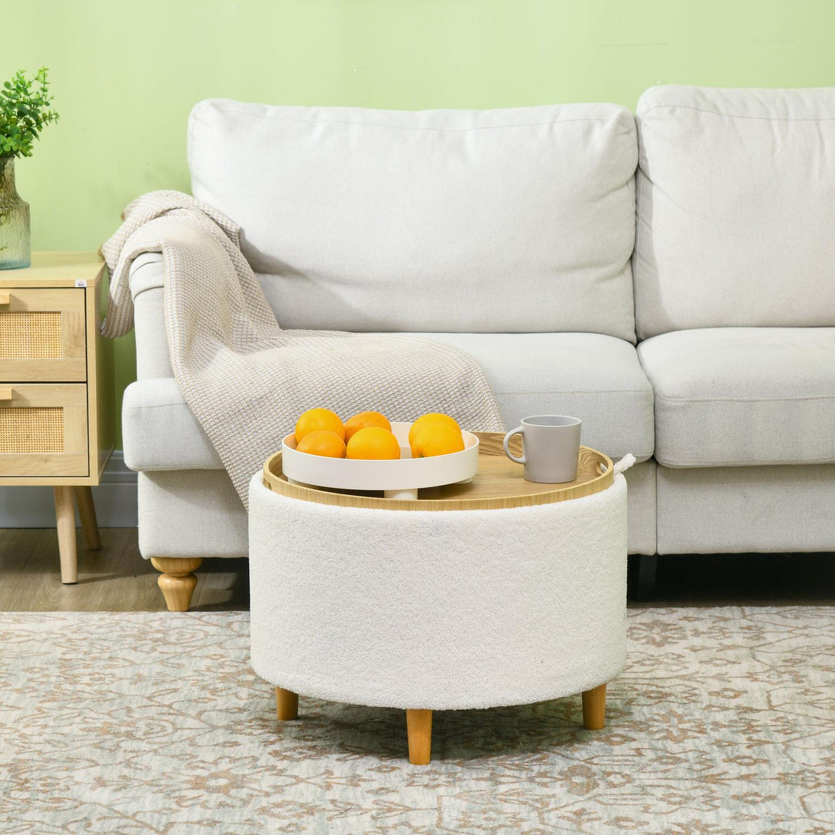 Ottoman Stool With Storage Space, Round Ottoman With Folding Lid, Wooden Legs, Modern, For Living Room, Bedroom, White, Ø56 X 42 Cm