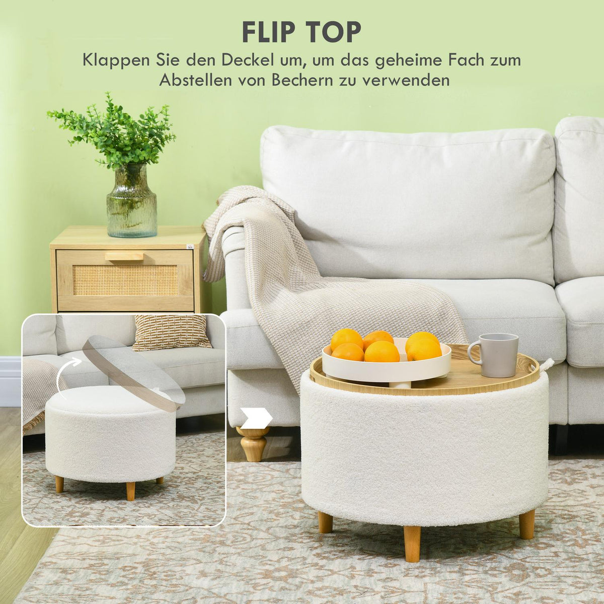 Ottoman Stool With Storage Space, Round Ottoman With Folding Lid, Wooden Legs, Modern, For Living Room, Bedroom, White, Ø56 X 42 Cm
