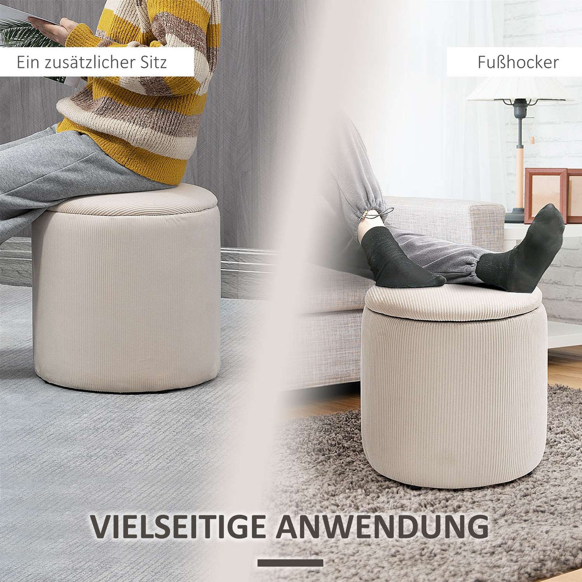 Ottoman stool, set of two, with storage space, soft upholstery, corduroy look cover, cream white, 40 x 40 x 41 cm