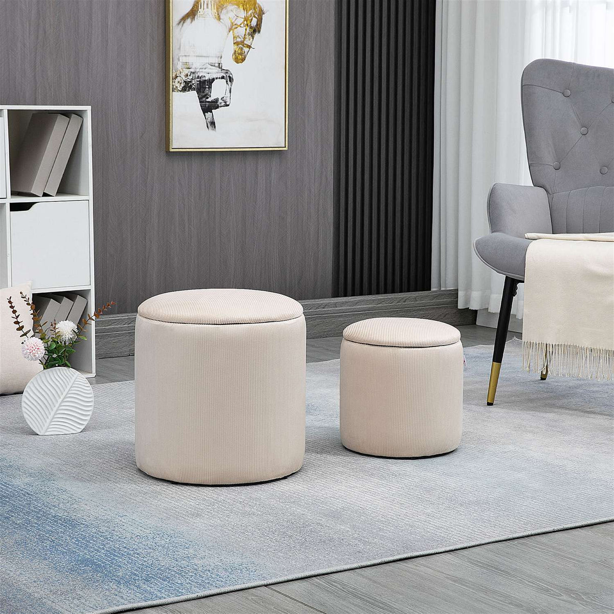 Ottoman stool, set of two, with storage space, soft upholstery, corduroy look cover, cream white, 40 x 40 x 41 cm