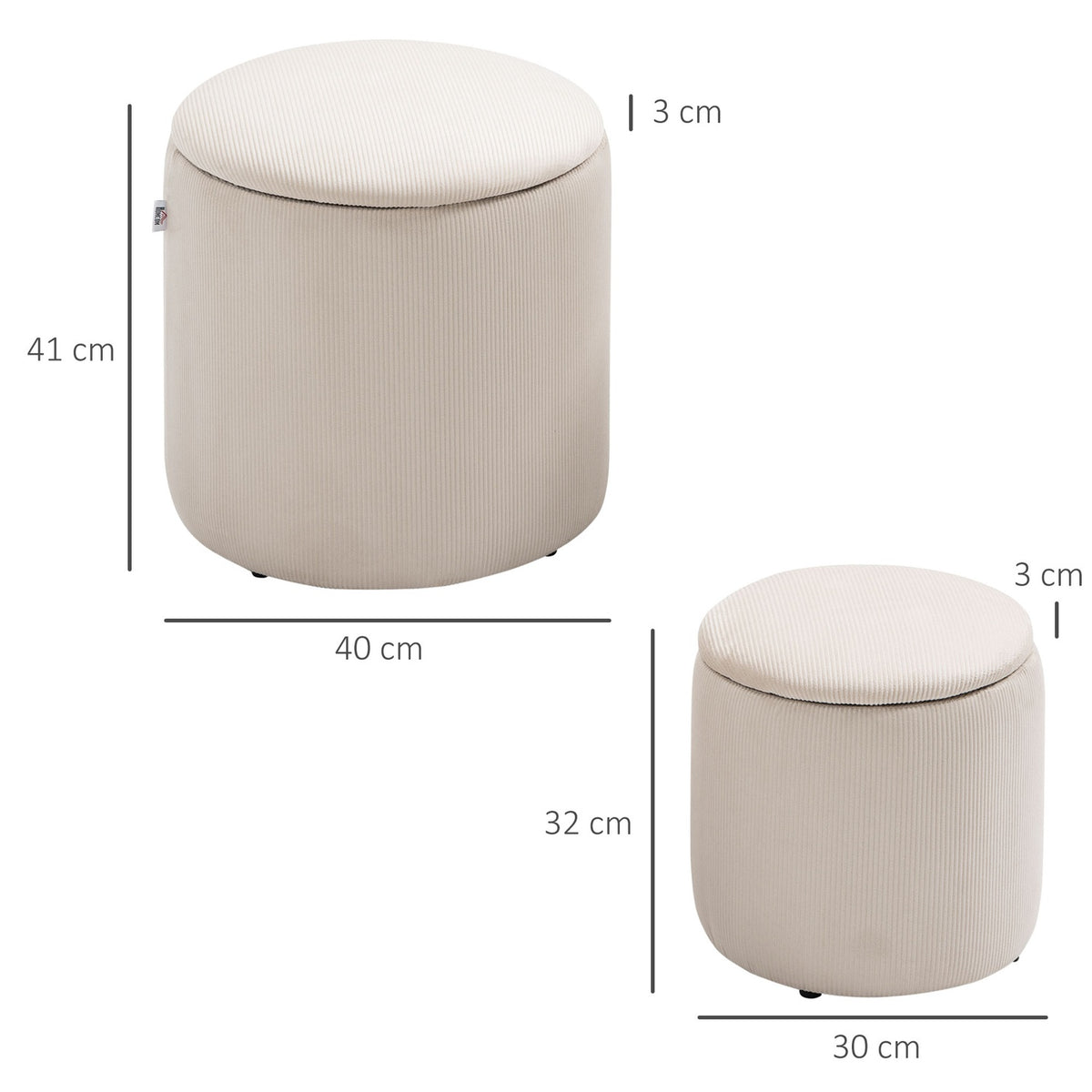 Ottoman stool, set of two, with storage space, soft upholstery, corduroy look cover, cream white, 40 x 40 x 41 cm