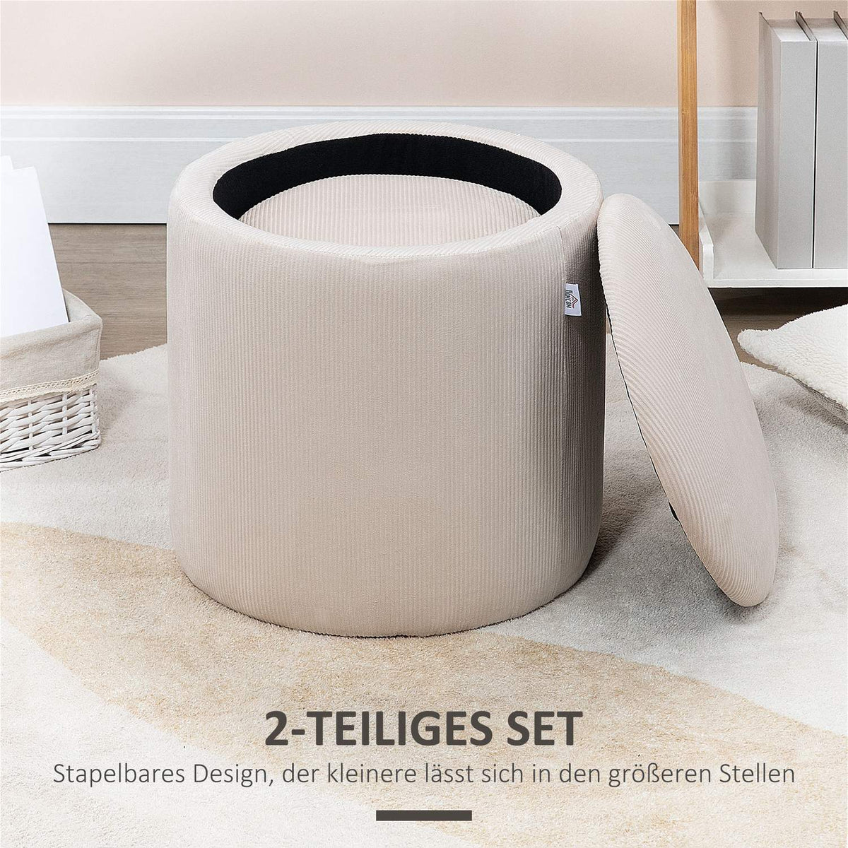 Ottoman stool, set of two, with storage space, soft upholstery, corduroy look cover, cream white, 40 x 40 x 41 cm