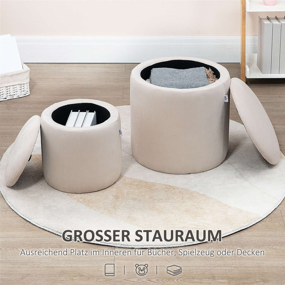 Ottoman stool, set of two, with storage space, soft upholstery, corduroy look cover, cream white, 40 x 40 x 41 cm