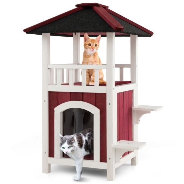Outdoor 2-Story Wooden Cat House, Asphalt Roof, Balcony