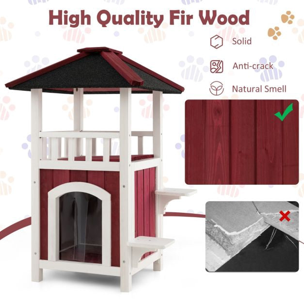 Outdoor 2-Story Wooden Cat House, Asphalt Roof, Balcony