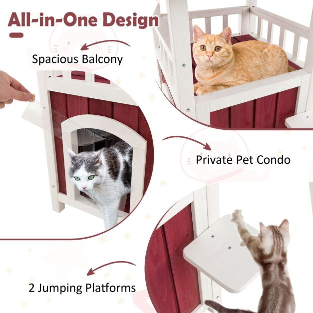 Outdoor 2-Story Wooden Cat House, Asphalt Roof, Balcony
